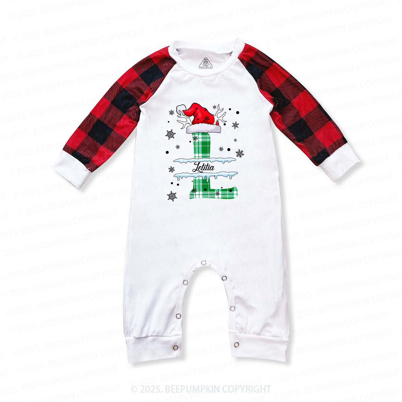 Personalized Christmas Green & White Plaid Snowflakes Name Family Matching Pajamas