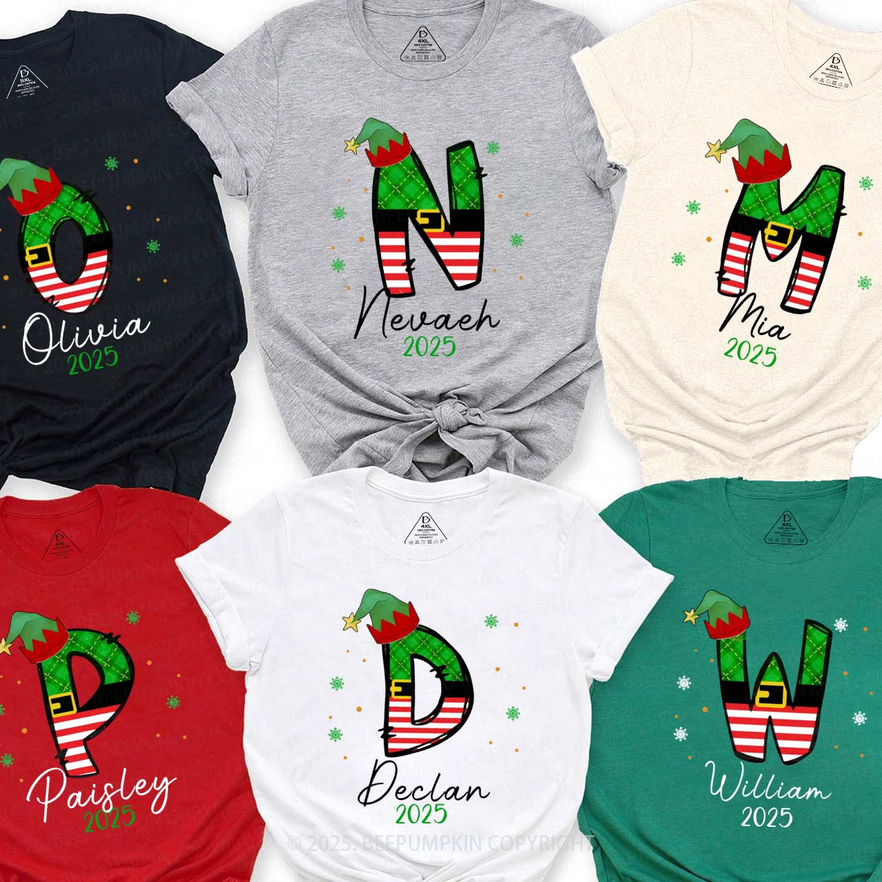 Personalized Elf Letter Christmas Family Matching T-Shirts Beepumpkin