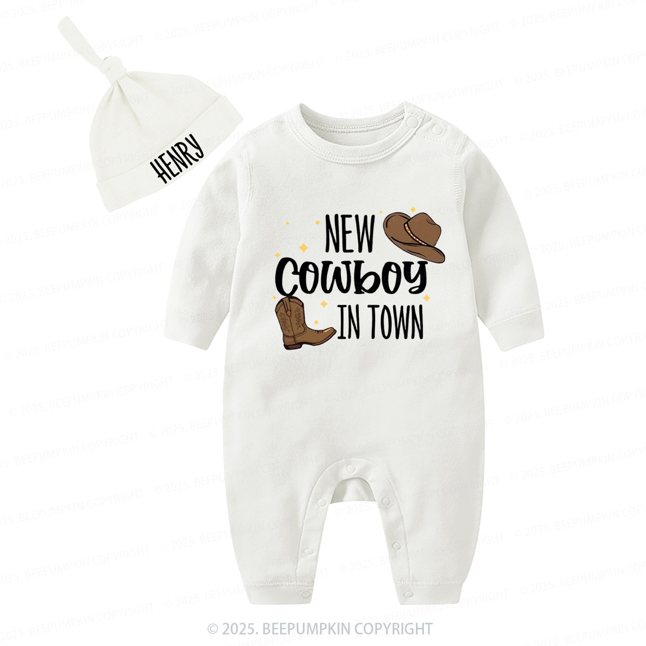 2 Pieces Personalized New Cowboy In Town Baby Romper With Hat