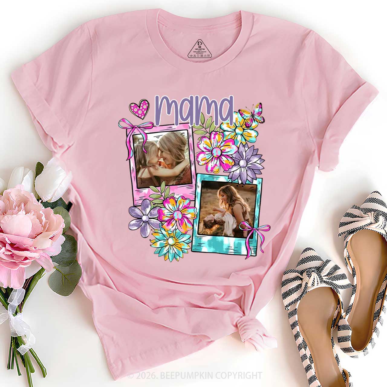 Personalized Floral Coquette Bow Photo T-Shirt For Mom