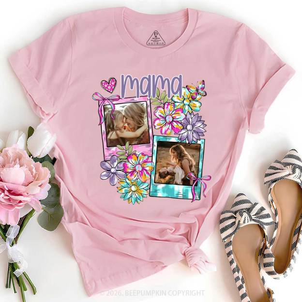 Personalized Floral Coquette Bow Photo T-Shirt For Mom