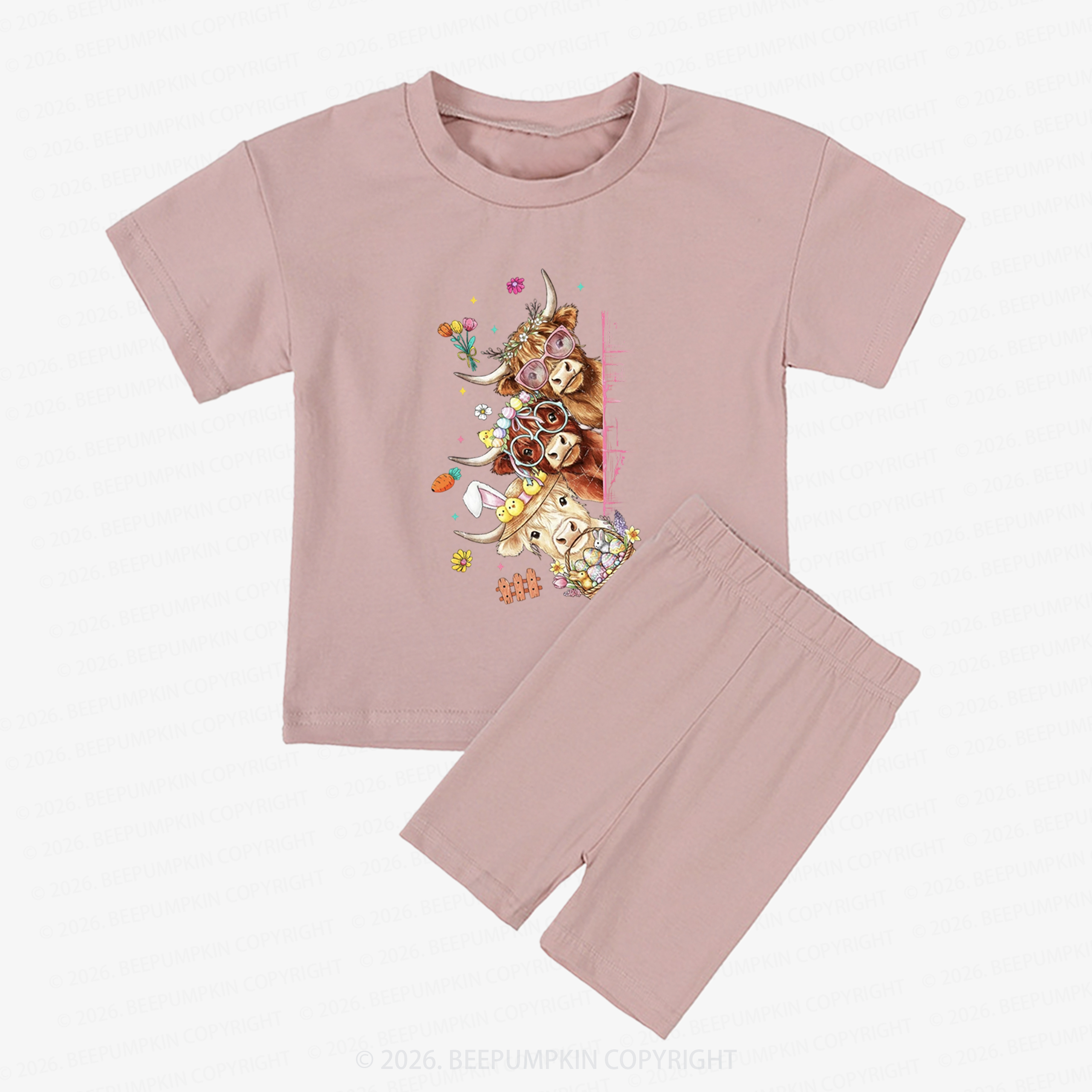 Easter Day Highland Cow&Bunny Kids Biker Shorts&Tee
