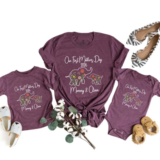 Personalized Flowers Elephant Mom&Me Matching Tees