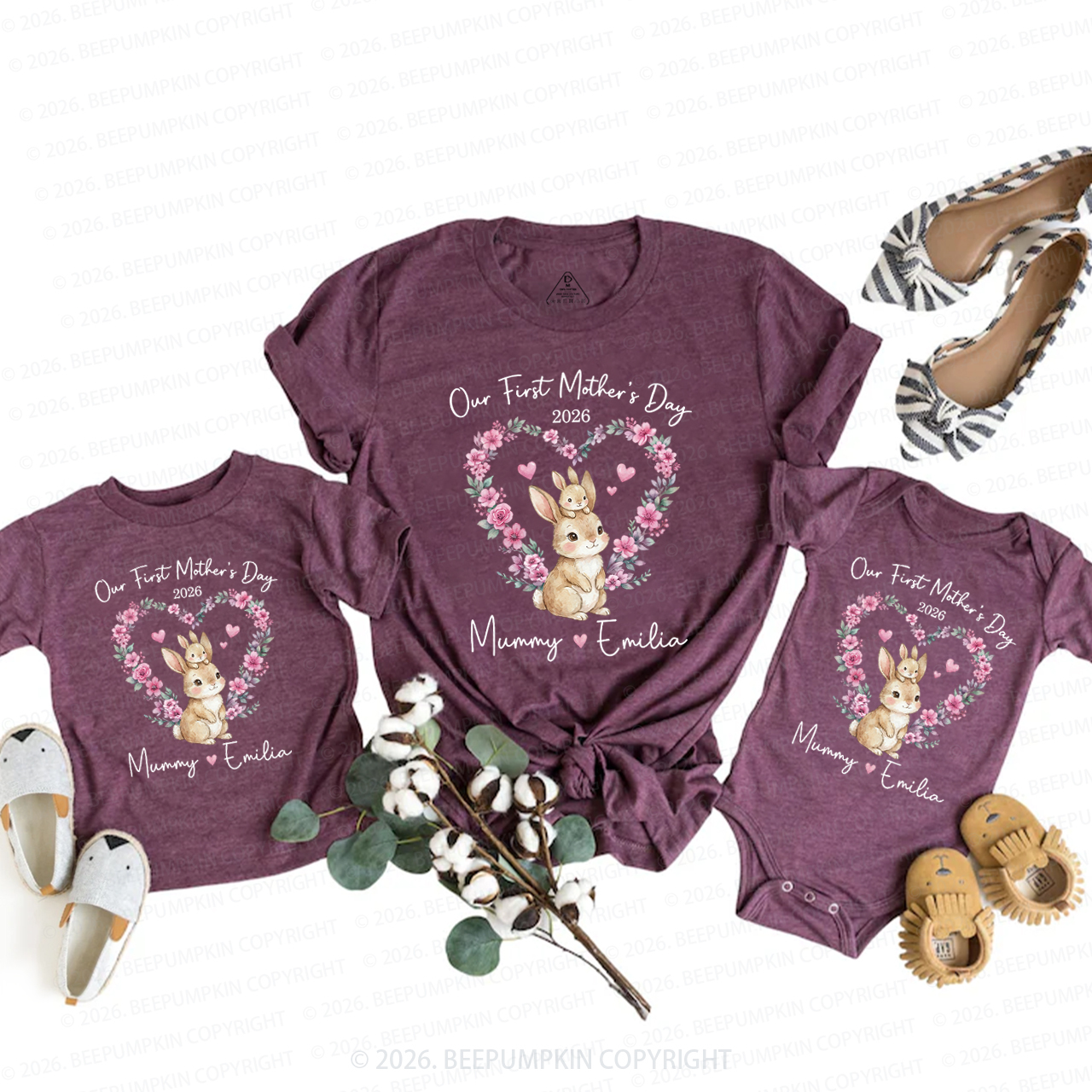 Personalized Cute Rabbit Heart Wreath Mom&Me Matching T-Shirts