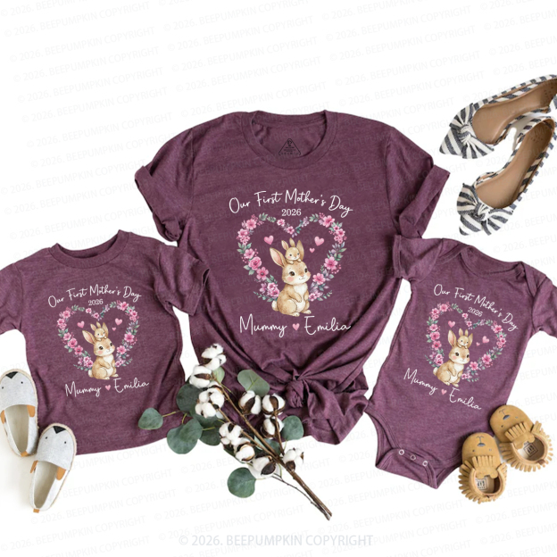 Personalized Cute Rabbit Heart Wreath Mom&Me Matching T-Shirts