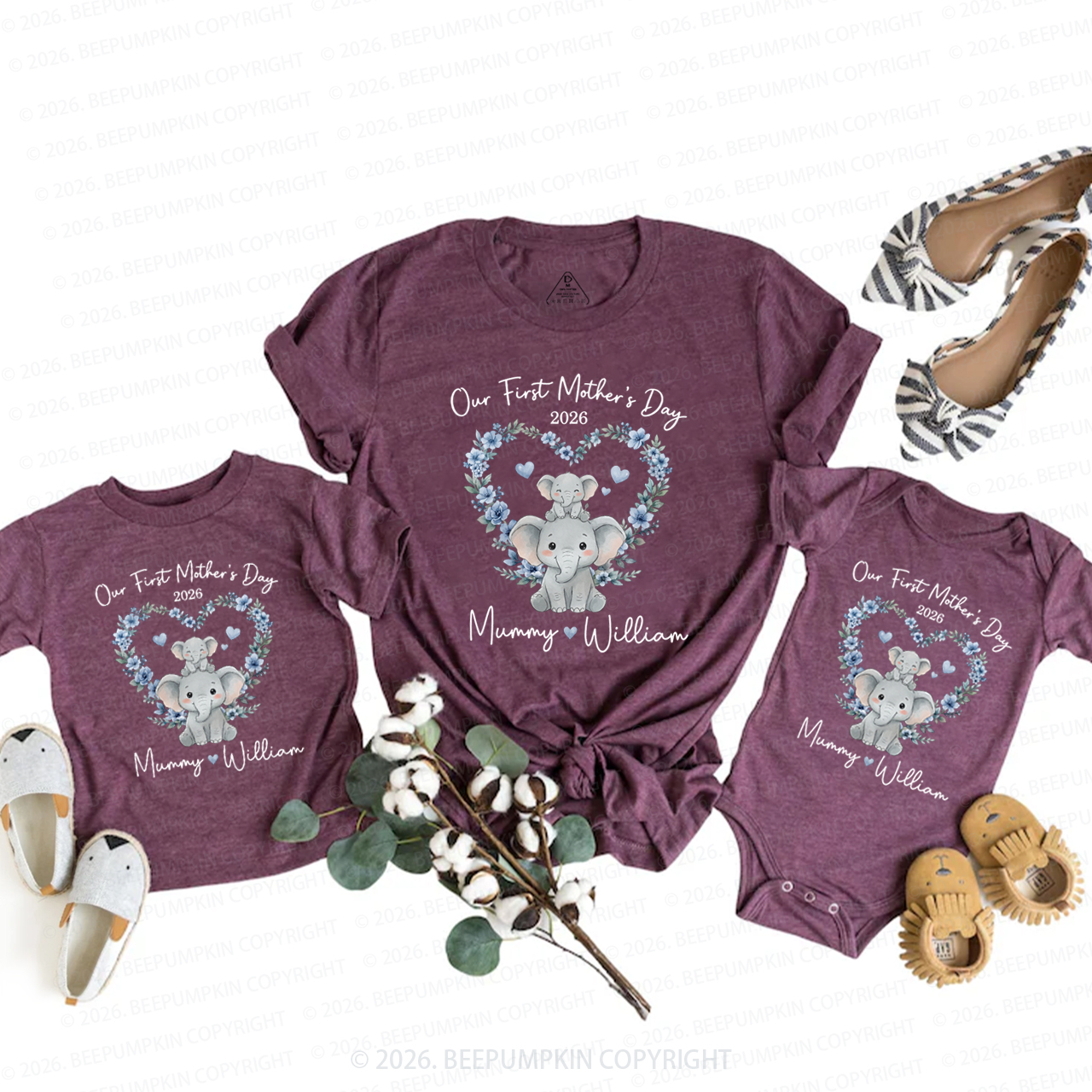 Personalized Cute Elephant Heart Wreath Mom&Me Matching T-Shirts