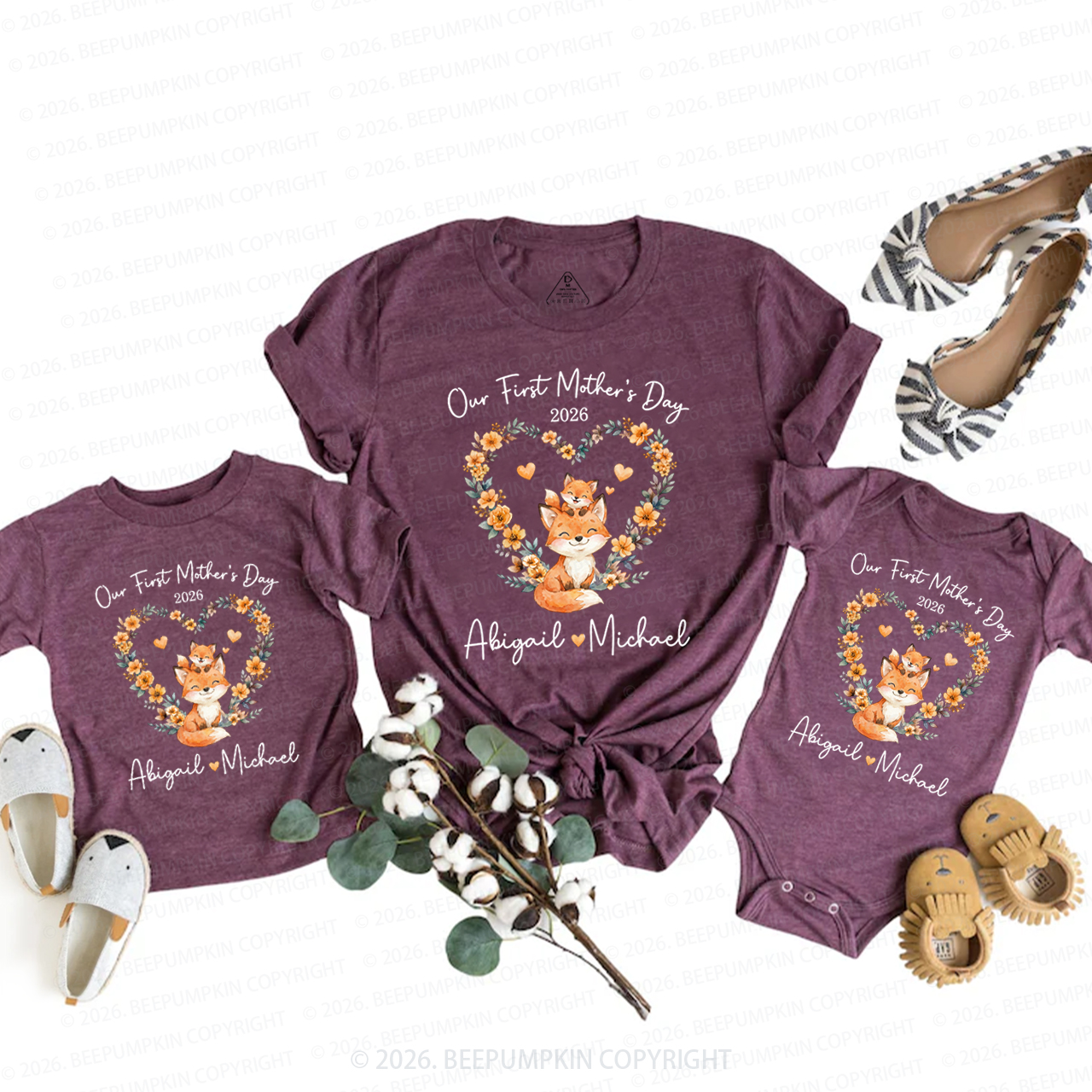 Personalized Cute Fox Heart Wreath Mom&Me Matching T-Shirts