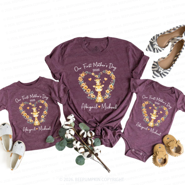 Personalized Cute Giraffe Heart Wreath Mom&Me Matching T-Shirts