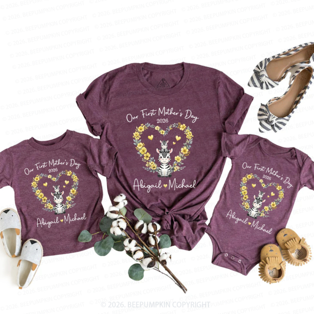 Personalized Cute Zebra Heart Wreath Mom&Me Matching T-Shirts