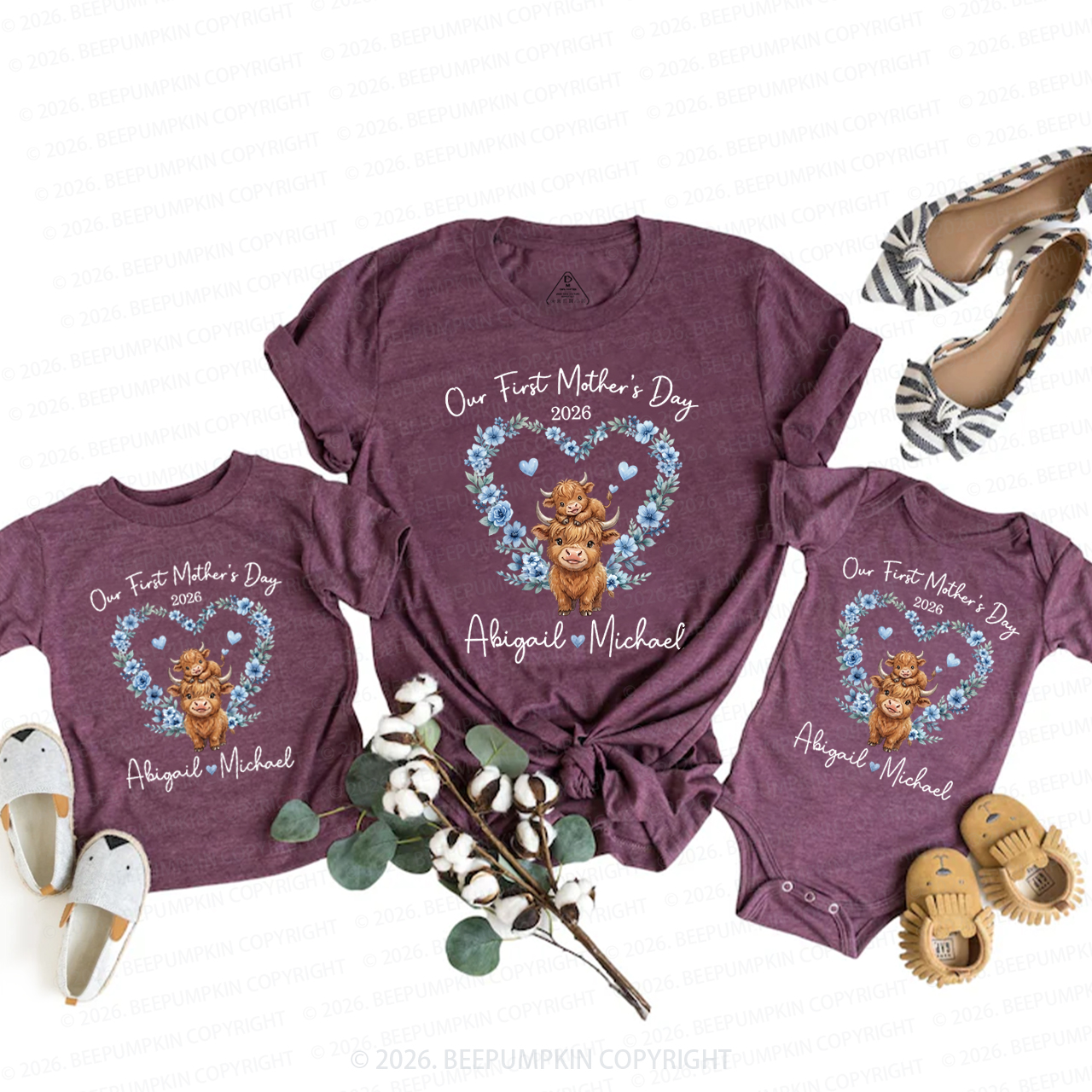 Personalized Highland Cow Heart Wreath Mom&Me Matching T-Shirts