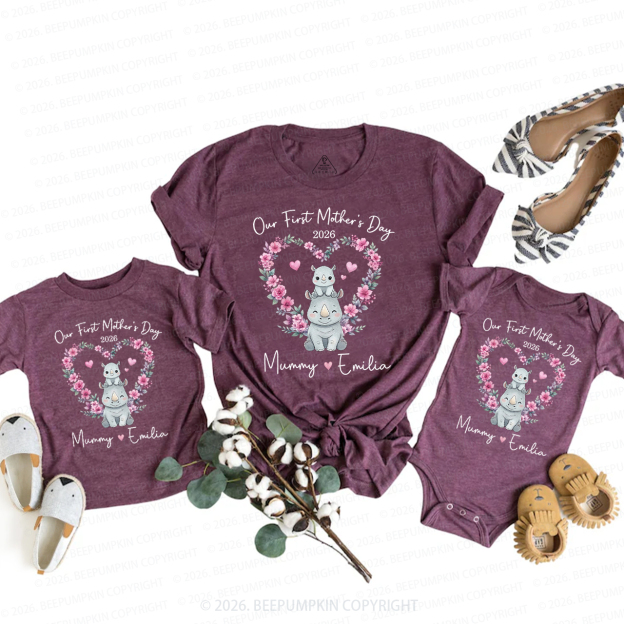 Personalized Cute Rhino Heart Wreath Mom&Me Matching T-Shirts