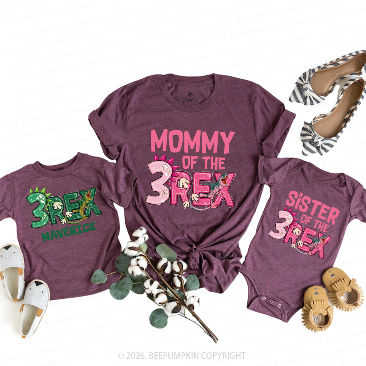 Personalized Rex Dinosaur Birthday Family Matching T-Shirts