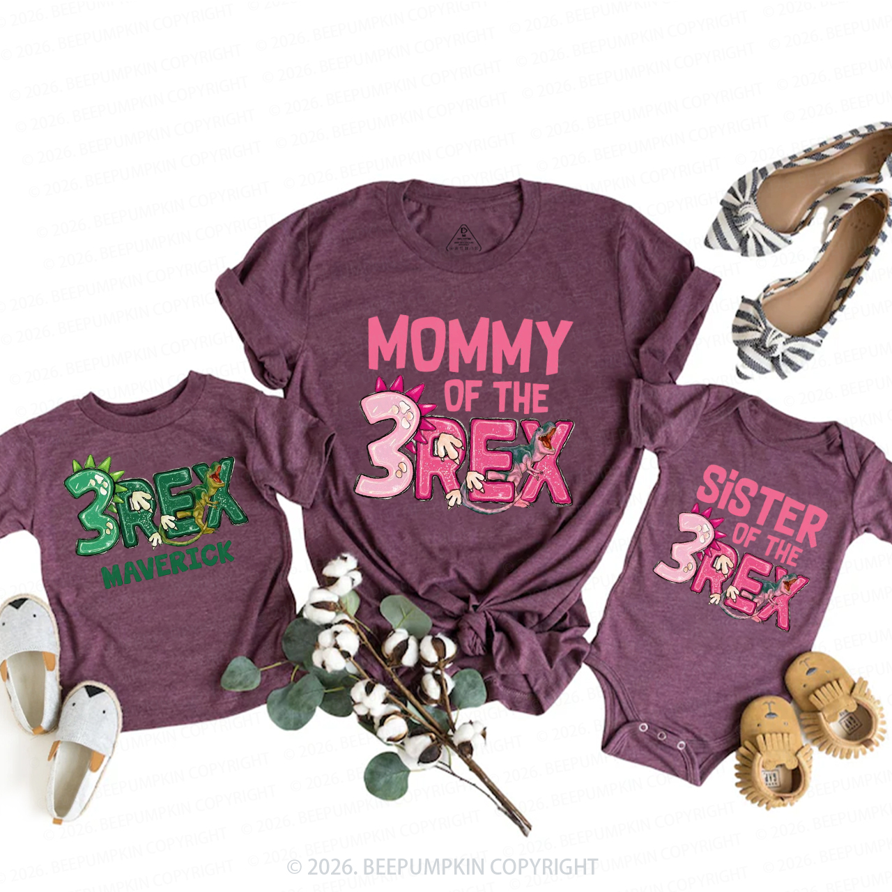 Personalized Rex Dinosaur Birthday Family Matching T-Shirts