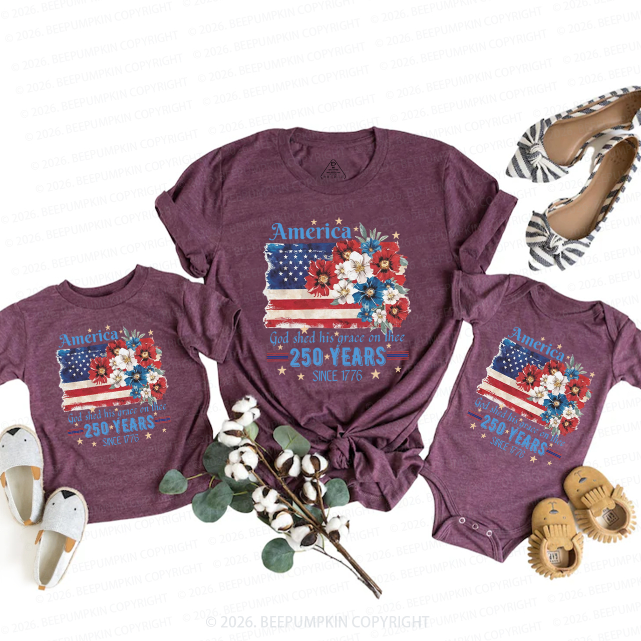 America 250 Years Flag Floral Mom&Me Matching T-Shirts