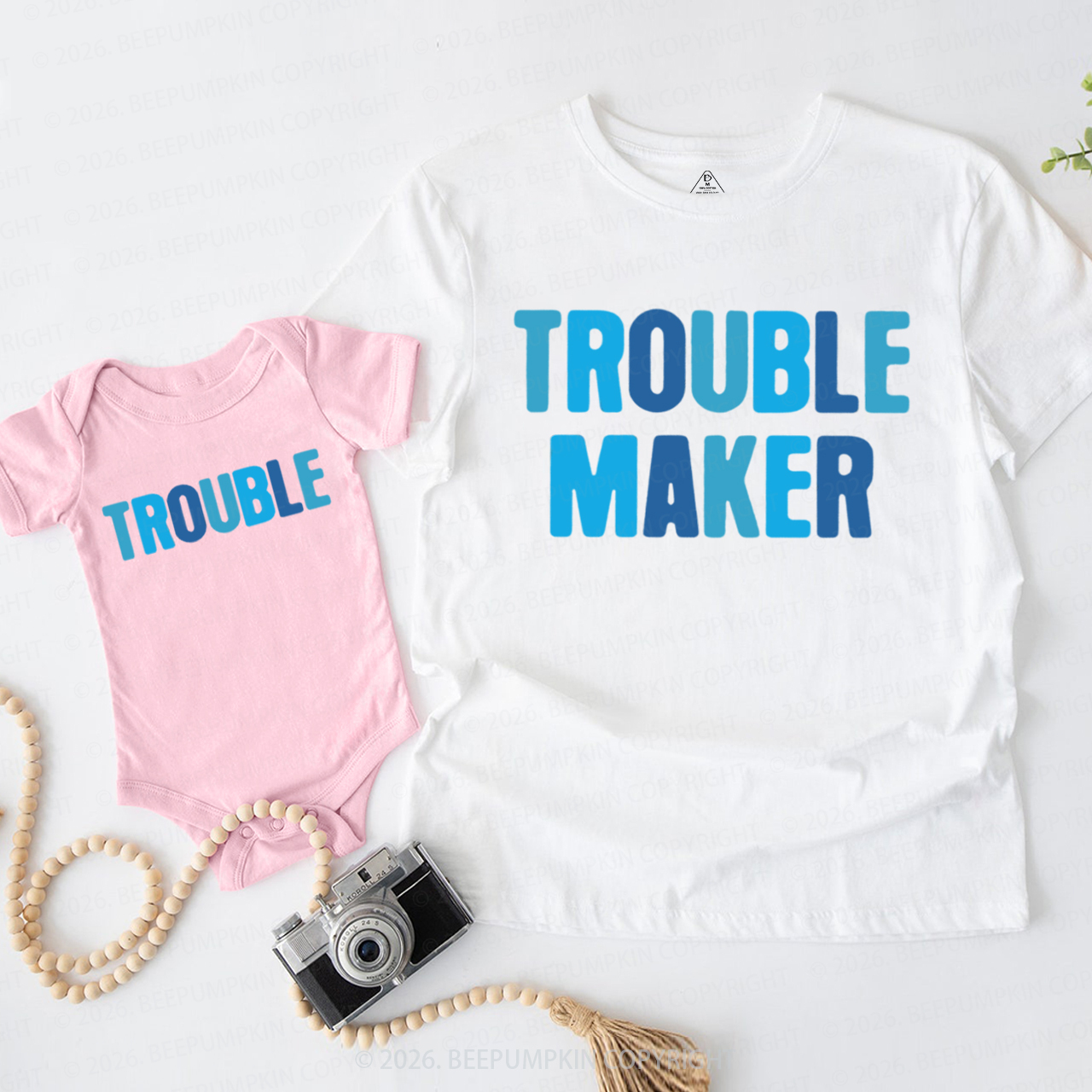 Blue Trouble Maker and Trouble Dad&Me Matching Shirts
