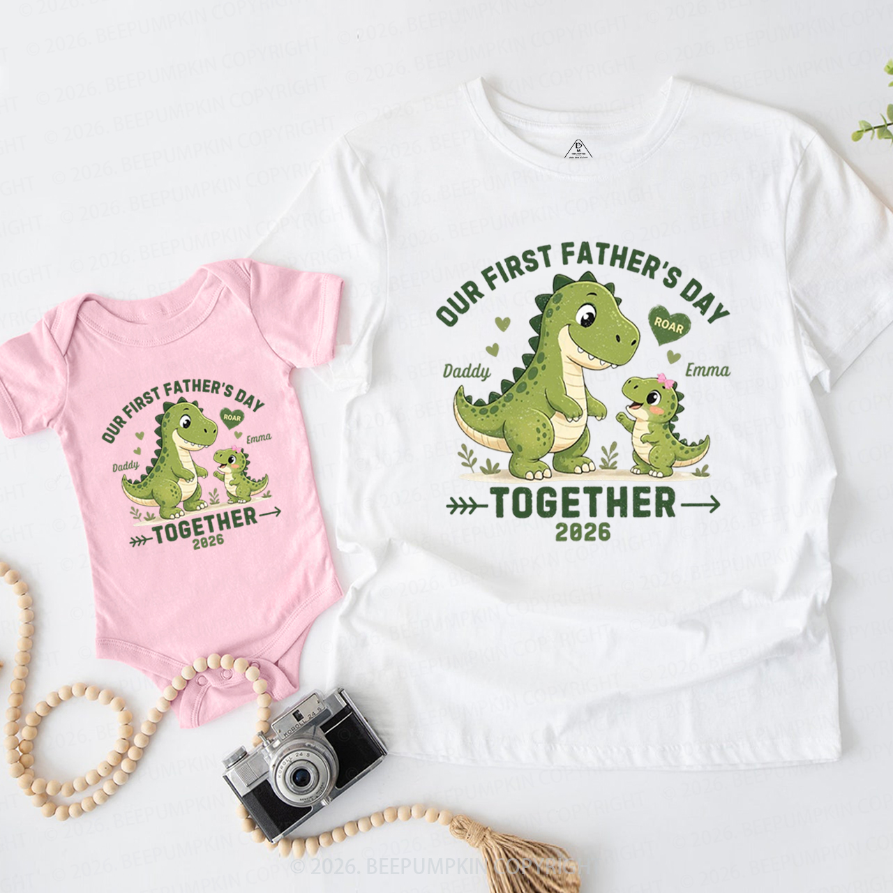 Personalized Green Dinosaur First Father's Day Dad&Me Matching Shirts