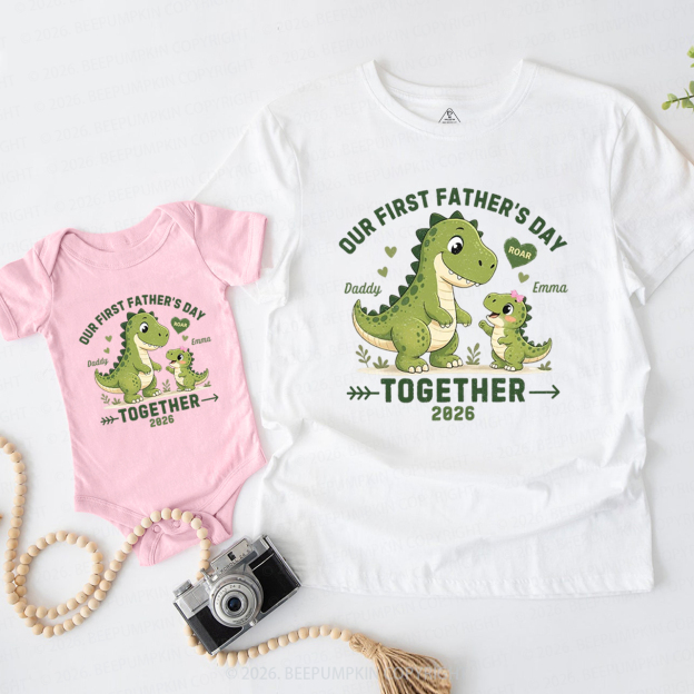 Personalized Green Dinosaur First Father's Day Dad&Me Matching Shirts