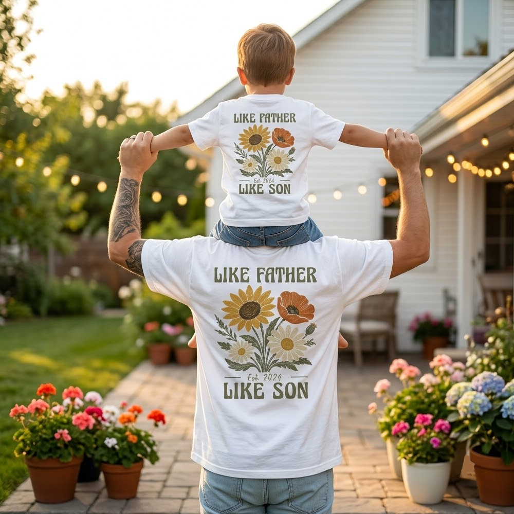 Like Father Like Son Retro Wildflower Dad&Me Matching Shirts-Back Design