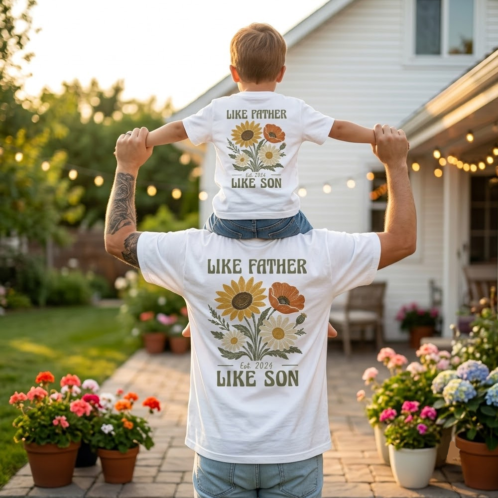 Like Father Like Son Retro Wildflower Dad&Me Matching Shirts-Back Design
