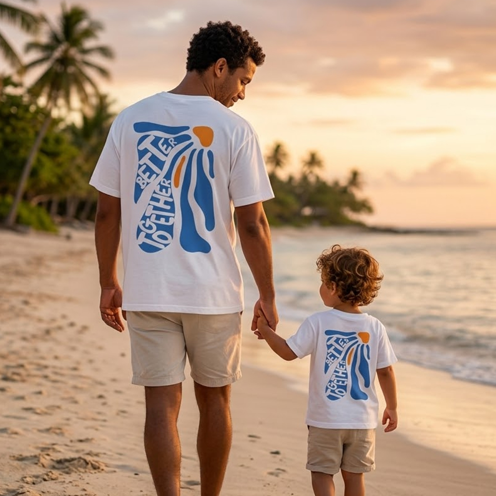 Better Together Retro Blue Floral Dad&Me Matching Shirts-Back Design