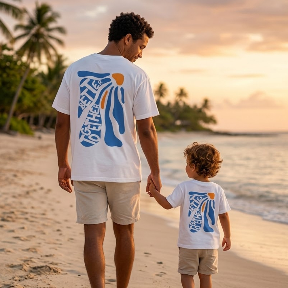 Better Together Retro Blue Floral Dad&Me Matching Shirts-Back Design