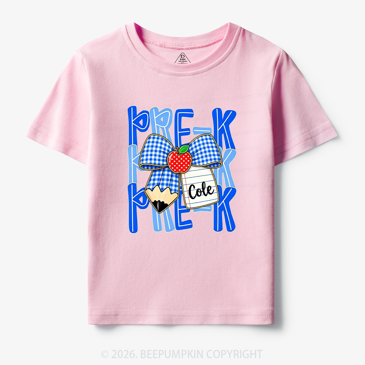 Personalized Blue Gingham Pencil Bow Toddler&Kid's Tees