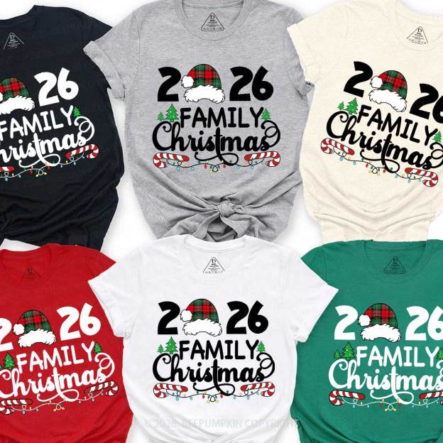 Family Christmas 2026 Plaid Hat Matching T-Shirts Beepumpkin