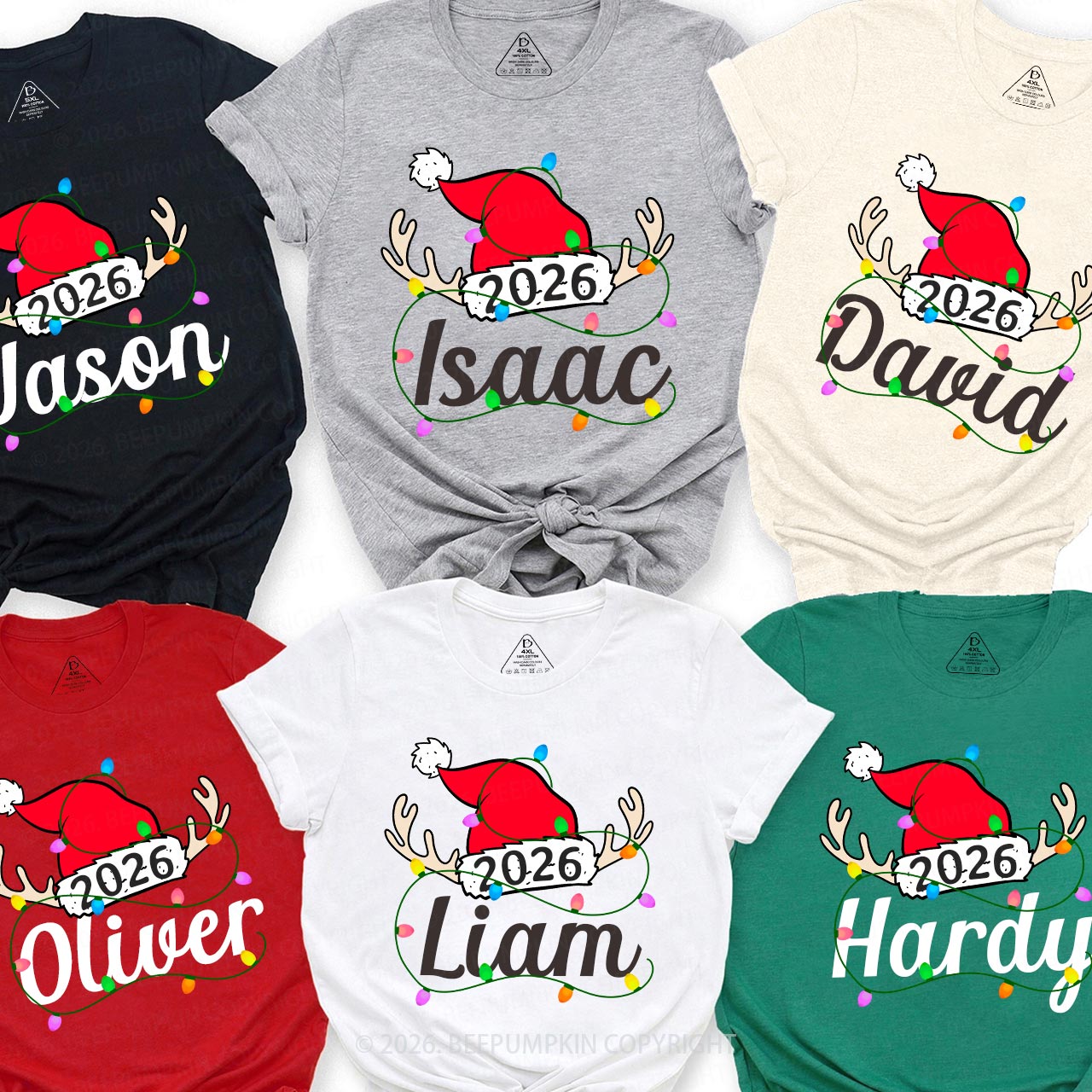 Personalized Jolly Antlers & Lights 2026 Family Matching T-Shirts Beepumpkin