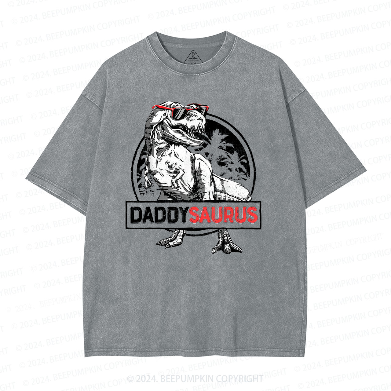 Daddy Saurus T-Rex With Glasses Washed T-Shirts 