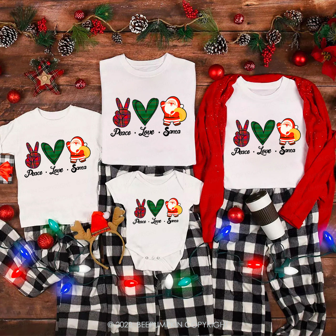 Christmas Peace Love and Santa Matching Tees For Family Beepumpkin