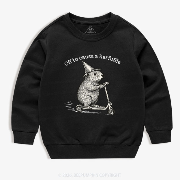 Off To Cause A Kerfuffle Groundhog Scooter Kid's Sweatshirt