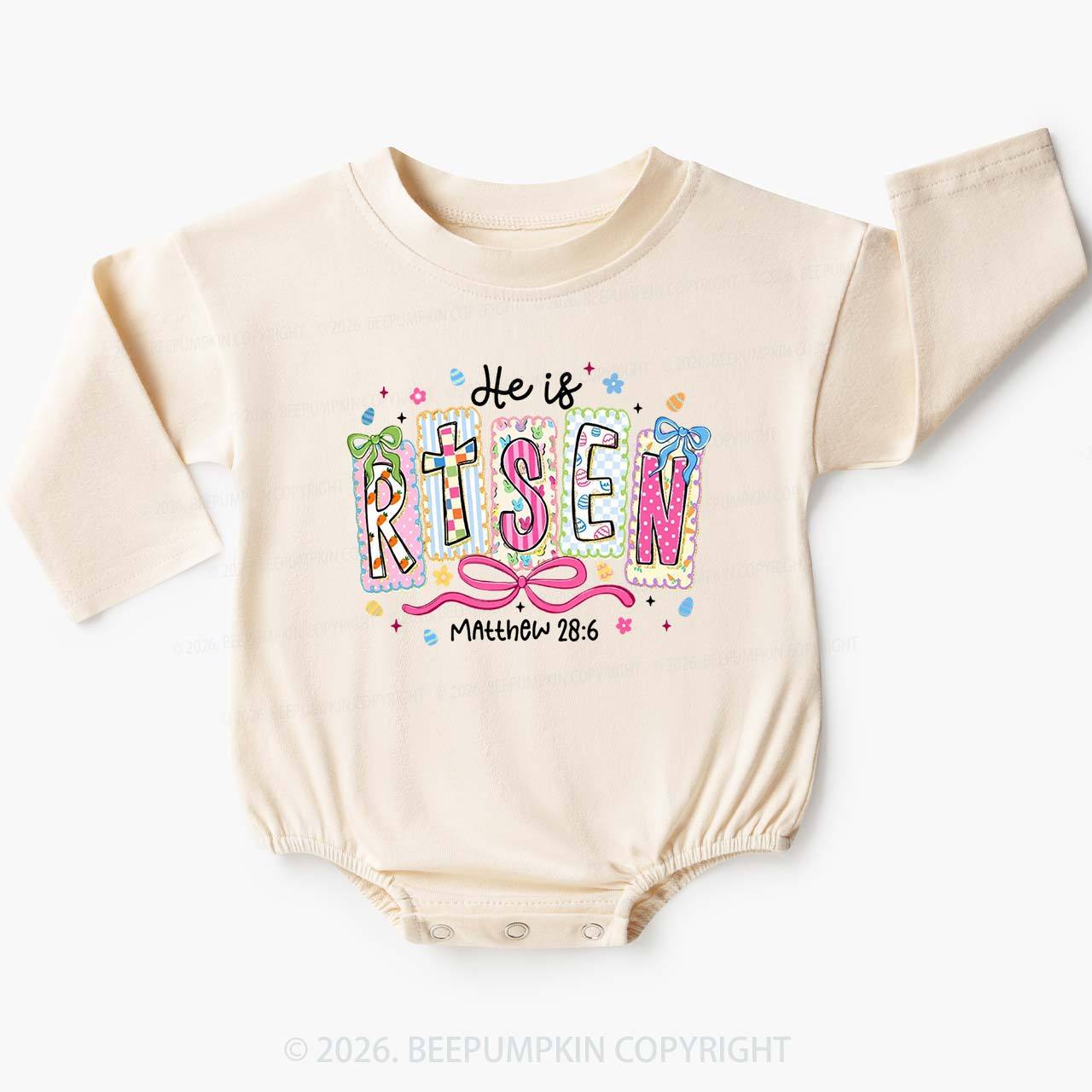 Easter Bow Lettering He Is Rise Baby Bubble Romper