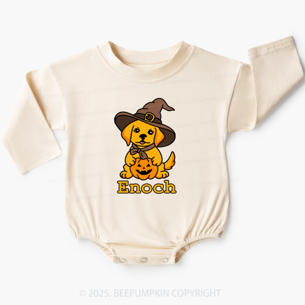 Personalized Dog Wtih Witch Hat Baby Bubble Romper Beepumpkin