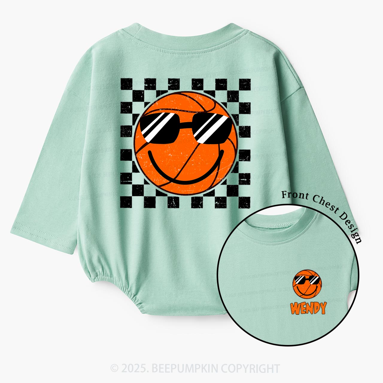 Personalized Smile Face Basketball Baby Bubble Romper Beepumpkin