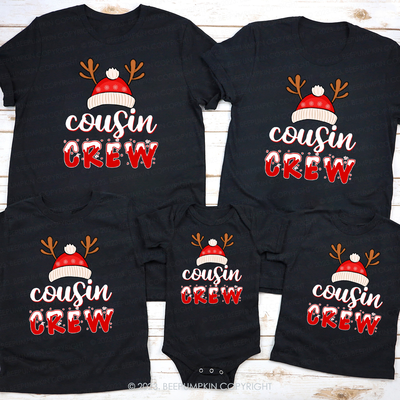Cousin Crew Cute Christmas Antler Hat Family Matching Shirts Beepumpkin
