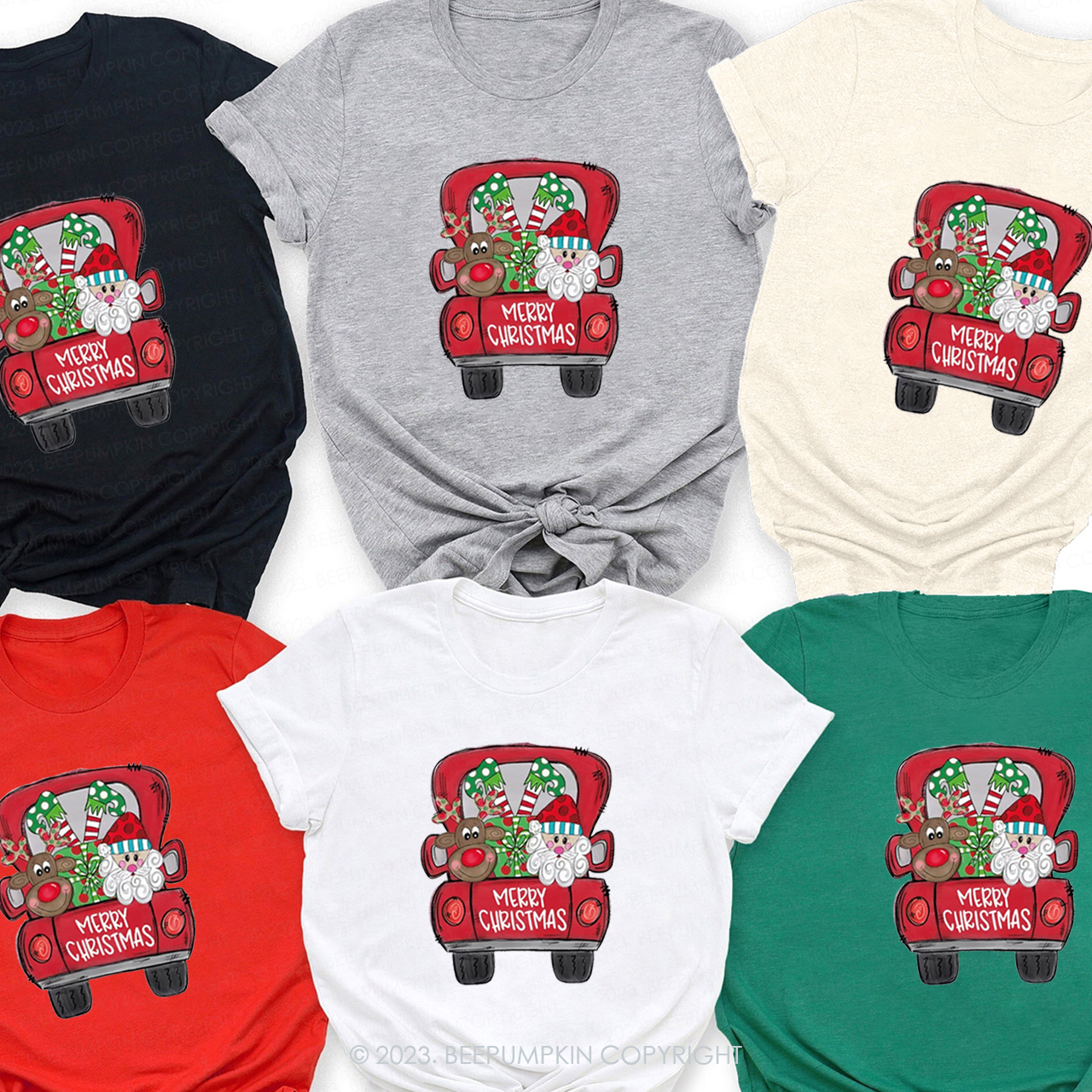 Santa Claus and Elk in Christmas Truck Matching Shirt