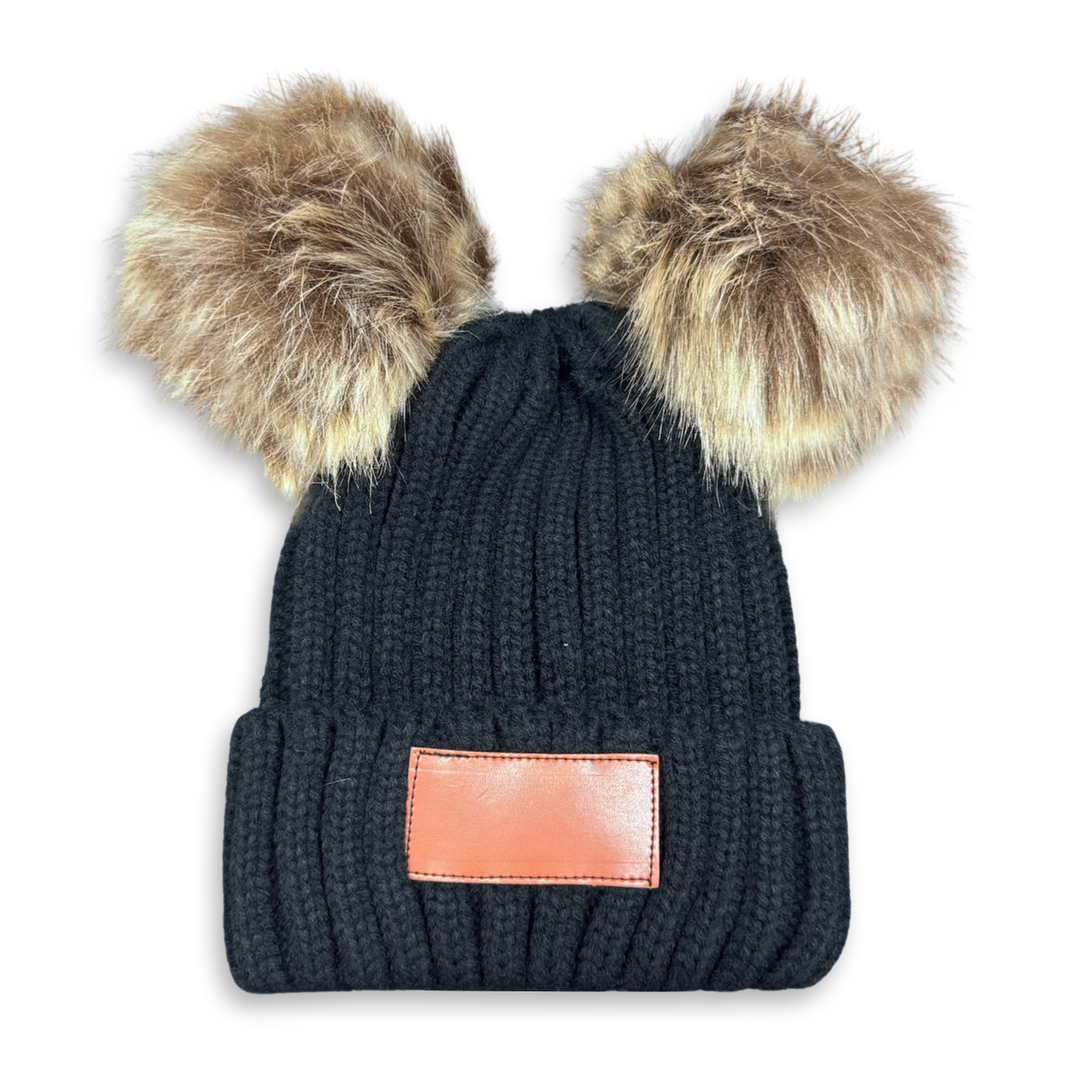 4 Colors Personalized Leather Patch Double PomPom Winter Hat