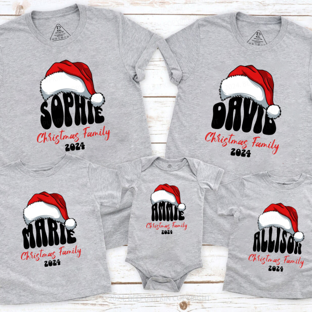 Personalized Red Hat And Name Christmas Matching T-Shirts