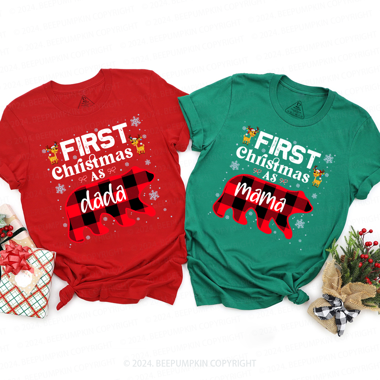 Personalized First Christmas Bear Buffalo Plaid Family Matching T-Shirts Beepumpkin