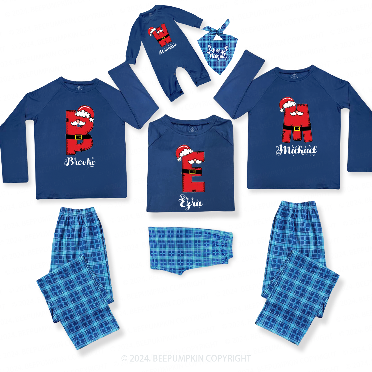 Personalized Christmas Santa Monogram Family Matching Blue Pajamas Beepumpkin