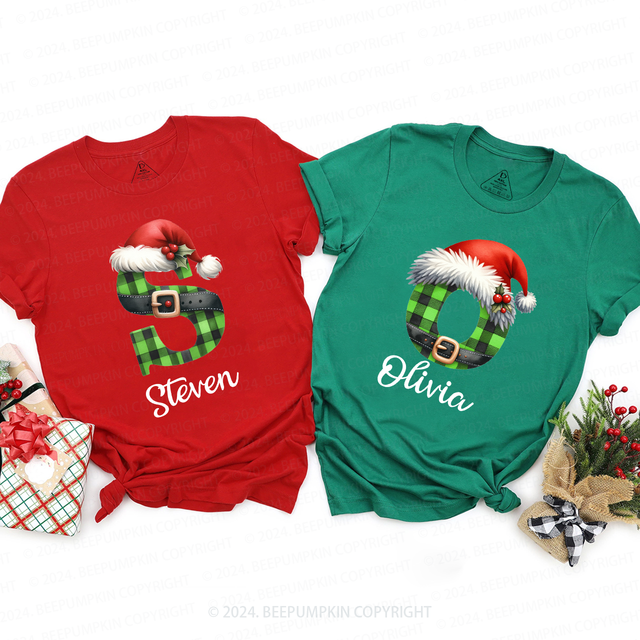 Personalized Green Plaid Letter Christmas Family Matching T-Shirts Beepumpkin