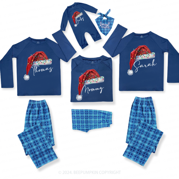 Personalized Lighted Christmas Hat with Name Family Matching Blue Pajamas Beepumpkin