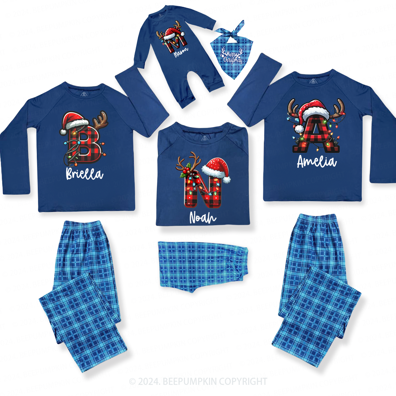 Personalized Shining Lights Christmas Name Family Matching Blue Pajamas Beepumpkin