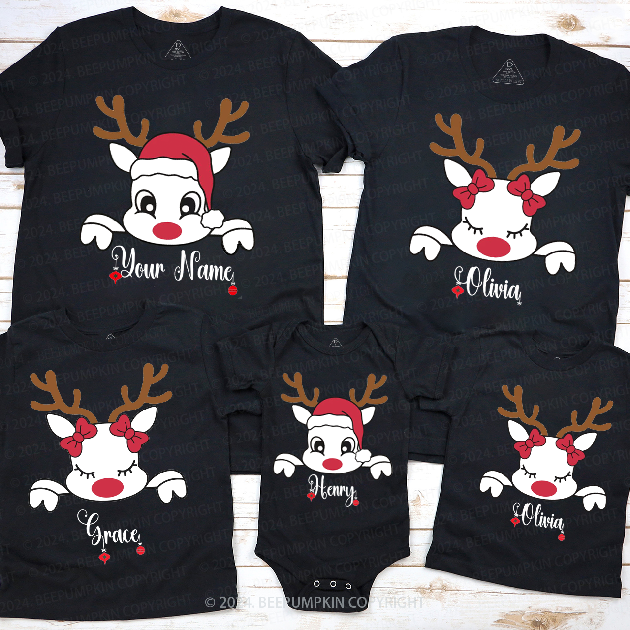 Personalized Christmas Reindeer With Santa Hat Family Matching T-Shirts Beepumpkin