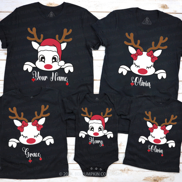 Personalized Christmas Reindeer With Santa Hat Family Matching T-Shirts Beepumpkin