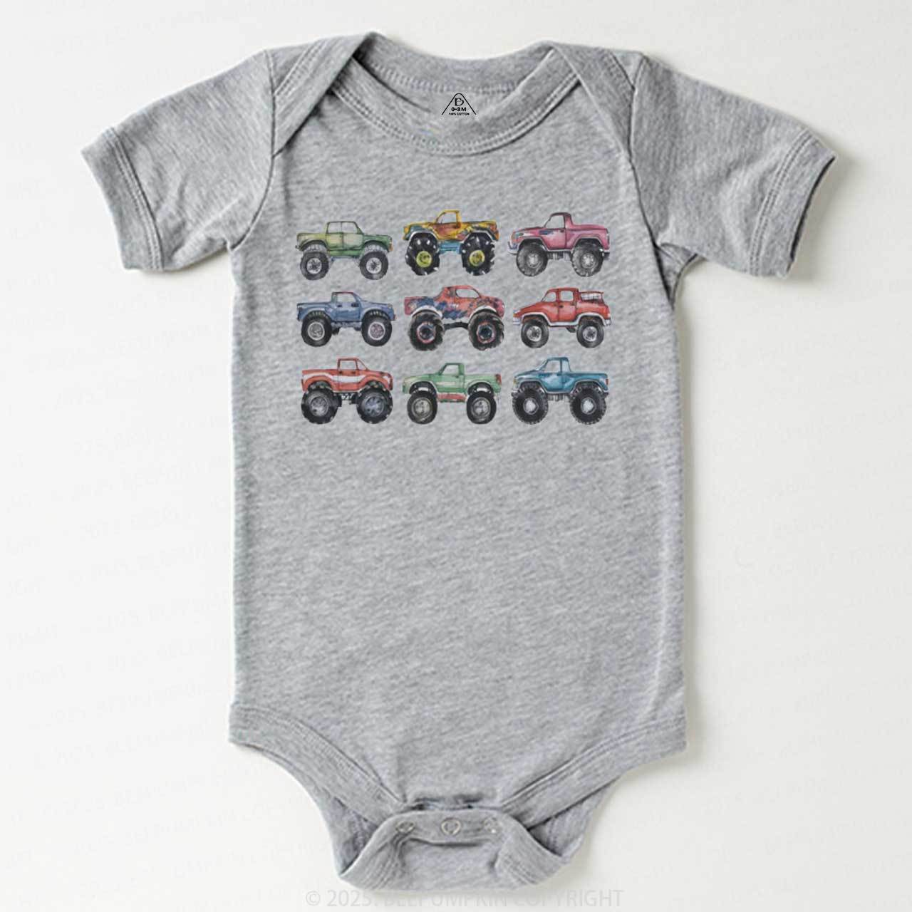 Retro Monster Trucks In A Row Bodysuit Beepumpkin