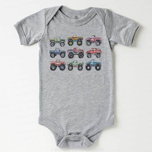 Retro Monster Trucks In A Row Bodysuit Beepumpkin