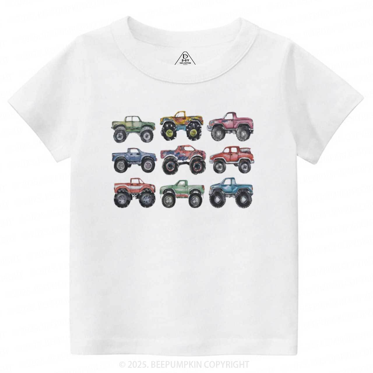 Retro Monster Trucks In A Row Toddler&Kid's Tees Beepumpkin
