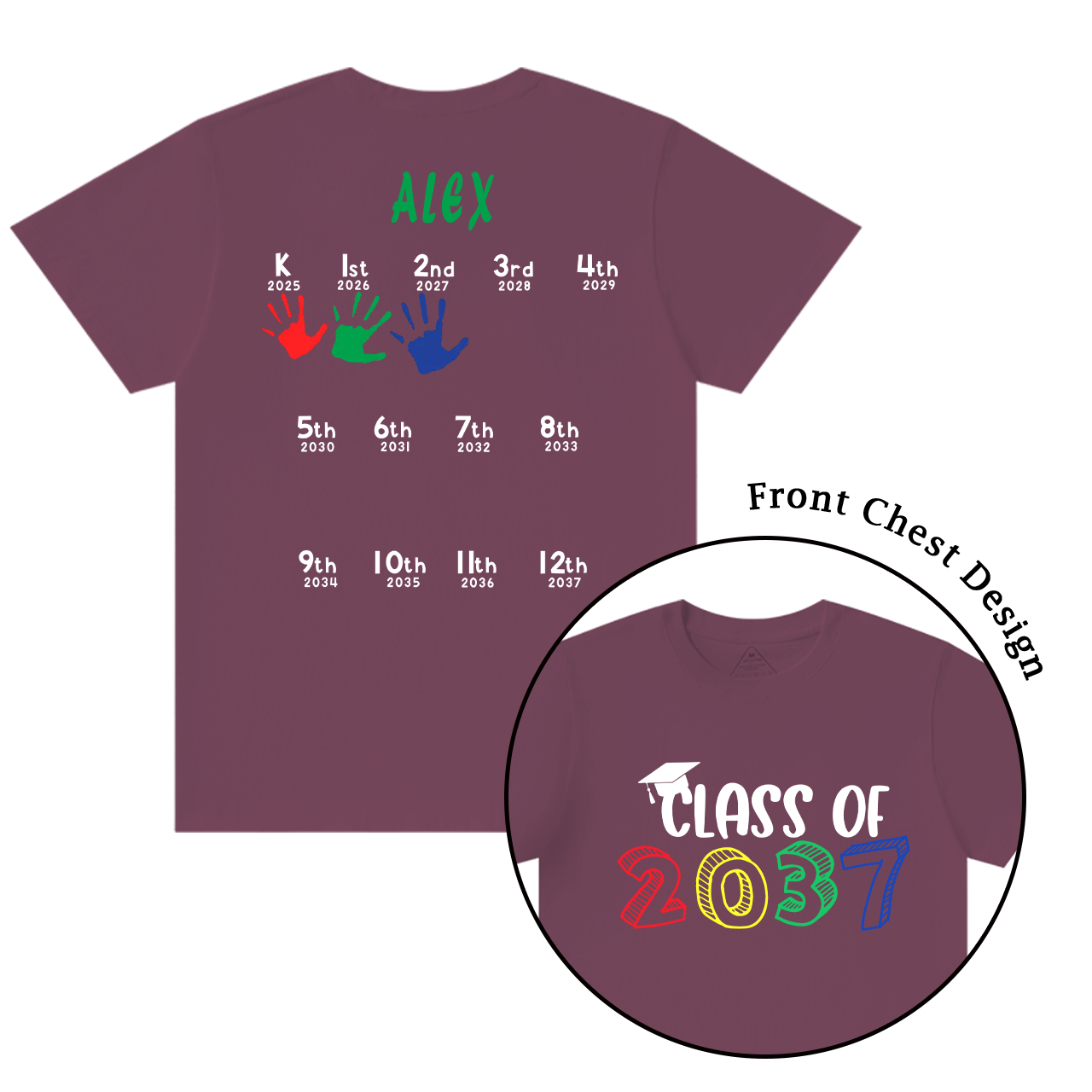 Hand Print-Class Of 2037 Personalized Shirts For School Kids