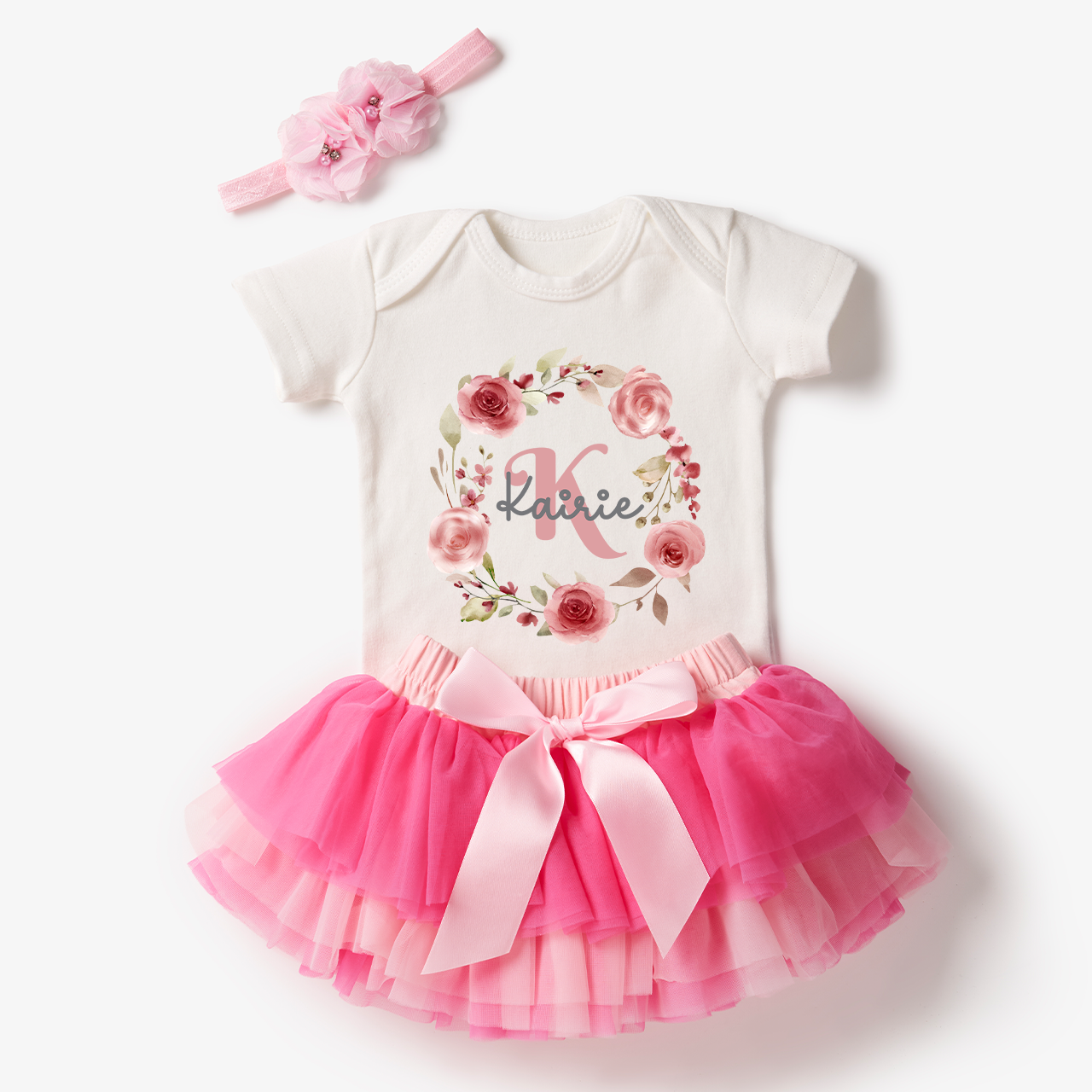 3 Pieces Personalized Rose Crown Baby Girl Tutu Outfit Set